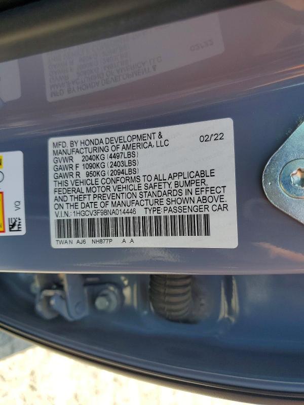 2022 Honda Accord მანქანა იყიდება აუქციონზე, vin: 1HGCV3F98NA014446, აუქციონის ნომერი: 52408426
