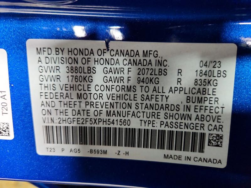 2023 Honda Civic მანქანა იყიდება აუქციონზე, vin: 2HGFE2F5XPH541560, აუქციონის ნომერი: 51915446