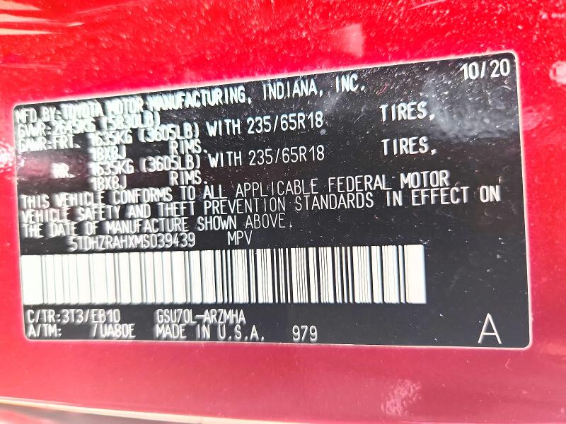 Aukcja sprzedaży 2021 Toyota Highlander, vin: 5TDHZRAHXMS039439, numer aukcji: 55052816