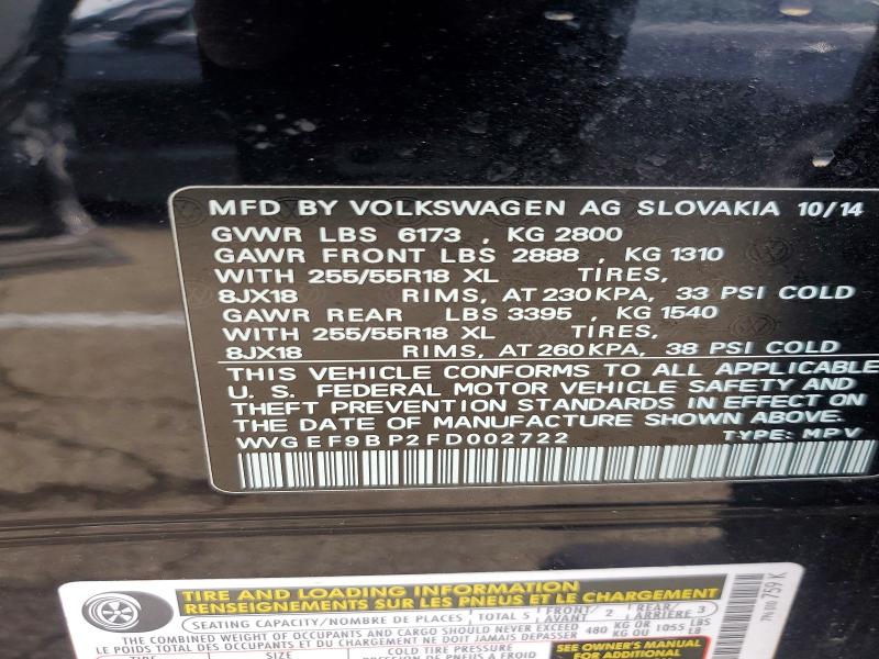 51795246 :رقم المزاد ، WVGEF9BP2FD002722 vin ، 2015 Volkswagen Touareg مزاد بيع
