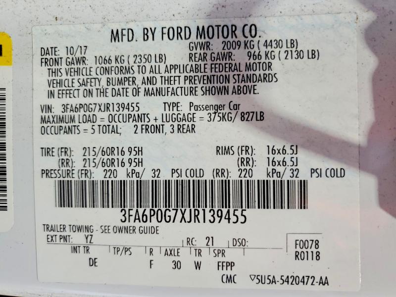 Aukcja sprzedaży 2018 Ford Fusion, vin: 3FA6P0G7XJR139455, numer aukcji: 52157496
