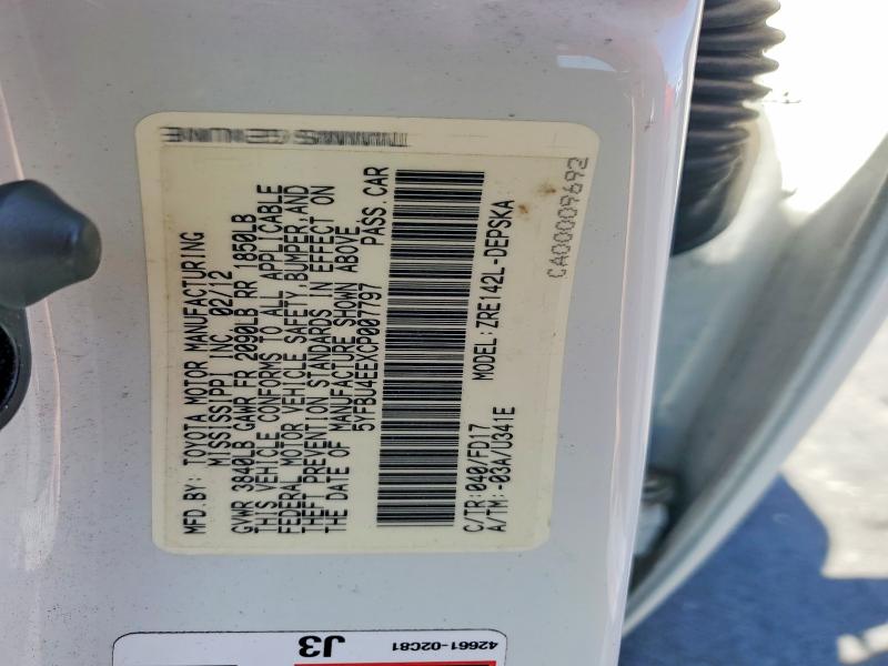 Aukcja sprzedaży 2012 Toyota Corolla, vin: 5YFBU4EEXCP007797, numer aukcji: 52687066
