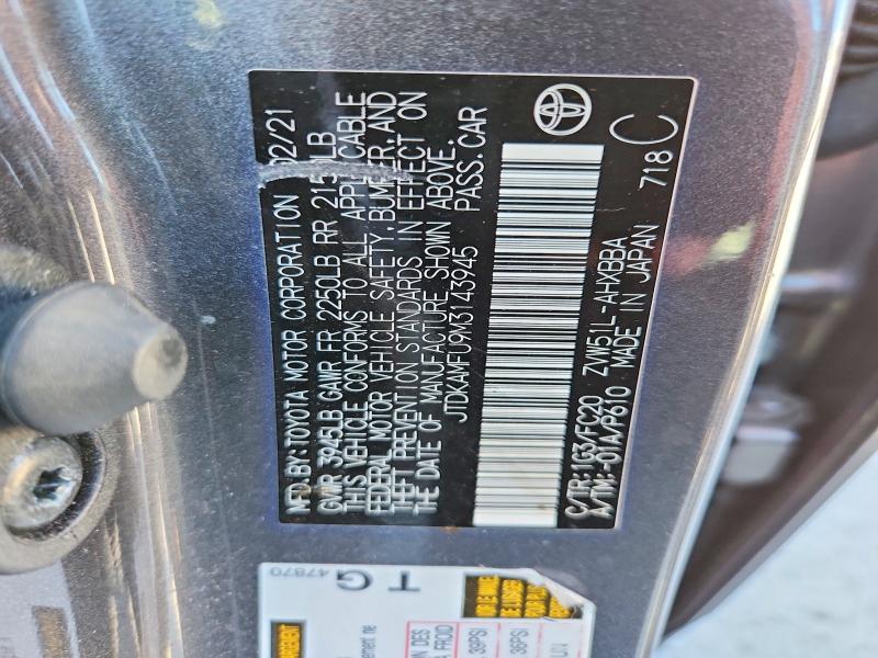 53137886 :رقم المزاد ، JTDKAMFU9M3143945 vin ، 2021 Toyota Prius مزاد بيع
