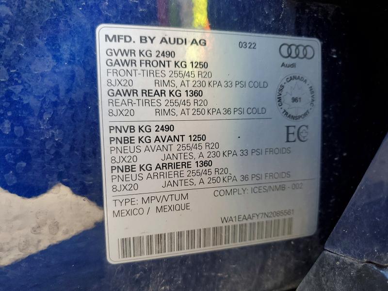 2022 Audi Q5 მანქანა იყიდება აუქციონზე, vin: WA1EAAFY7N2085561, აუქციონის ნომერი: 52917256