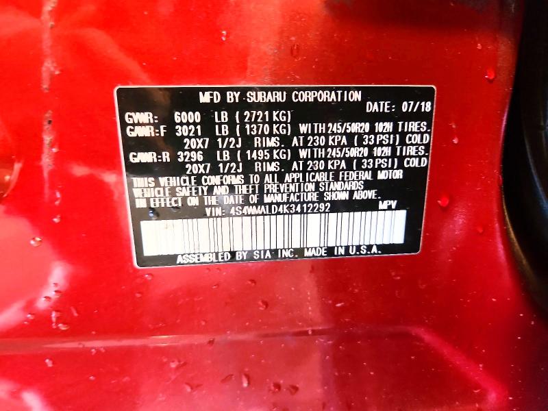 53113936 :رقم المزاد ، 4S4WMALD4K3412292 vin ، 2019 Subaru Ascent مزاد بيع