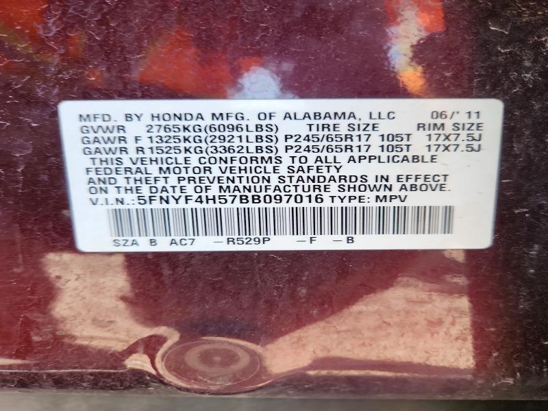 2011 Honda Pilot მანქანა იყიდება აუქციონზე, vin: 5FNYF4H57BB097016, აუქციონის ნომერი: 53916746