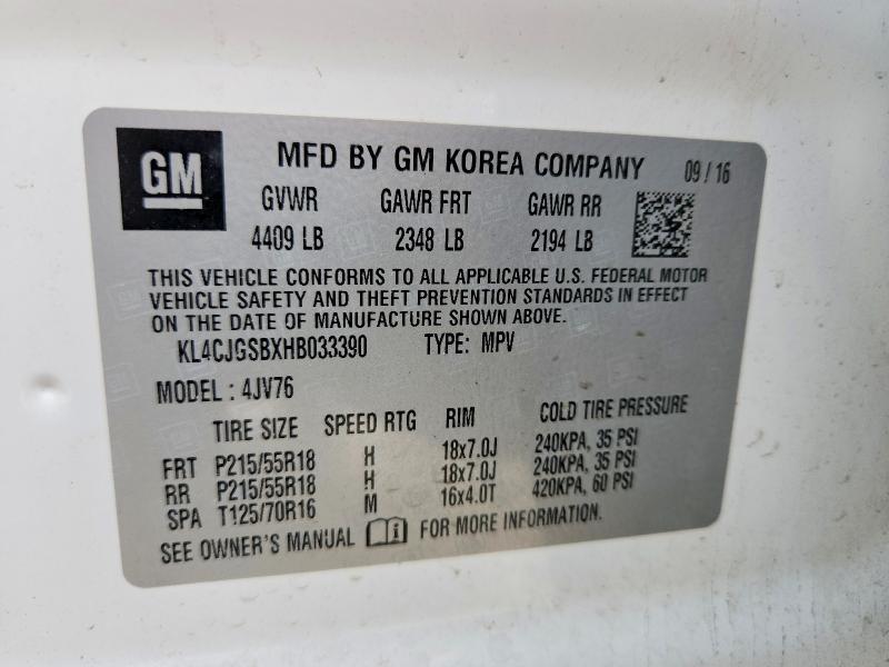 2017 Buick Encore მანქანა იყიდება აუქციონზე, vin: KL4CJGSBXHB033390, აუქციონის ნომერი: 55203666