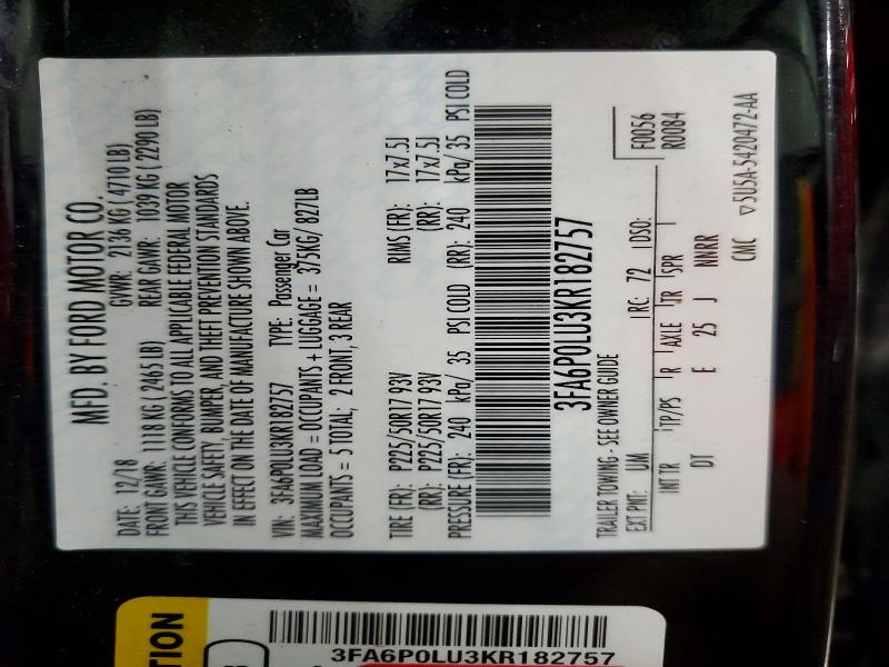 53377746 :رقم المزاد ، 3FA6P0LU3KR182757 vin ، 2019 Ford Fusion مزاد بيع