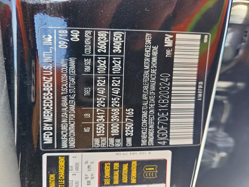 52387536 :رقم المزاد ، 4JGDF7DE1KB203240 vin ، 2019 Mercedes-benz Gls مزاد بيع
