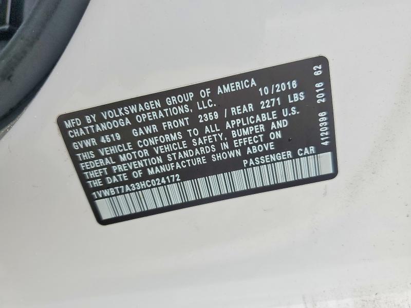53880066 :رقم المزاد ، 1VWBT7A33HC024172 vin ، 2017 Volkswagen Passat مزاد بيع