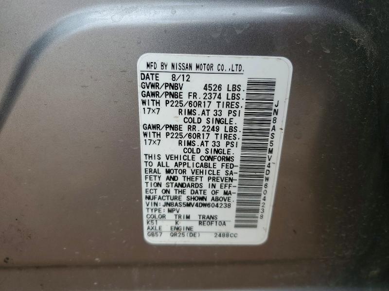 2013 Nissan Rogue მანქანა იყიდება აუქციონზე, vin: JN8AS5MV4DW604238, აუქციონის ნომერი: 54309396