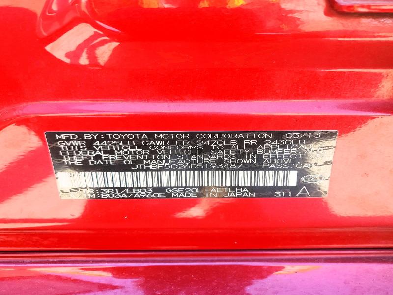 53641176 :رقم المزاد ، JTHBF5C26D5193487 vin ، 2013 Lexus Is مزاد بيع