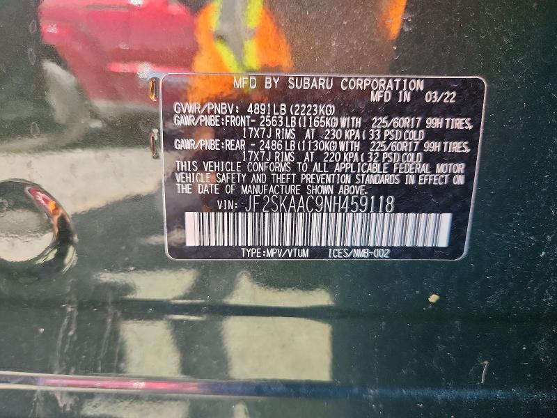 52959946 :رقم المزاد ، JF2SKAAC9NH459118 vin ، 2022 Subaru Forester مزاد بيع