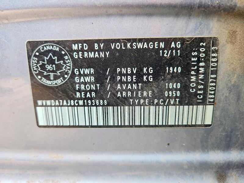 Aukcja sprzedaży 2012 Volkswagen Golf, vin: WVWDA7AJ8CW193689, numer aukcji: 53775406