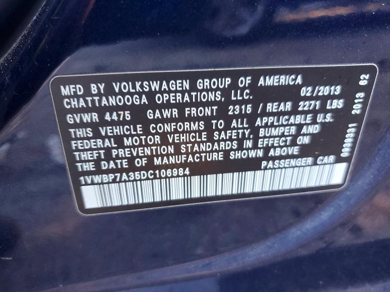 2013 Volkswagen Passat მანქანა იყიდება აუქციონზე, vin: 1VWBP7A35DC106984, აუქციონის ნომერი: 51627046