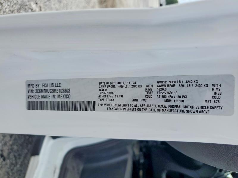 52825786 :رقم المزاد ، 3C6MRVJG9RE103803 vin ، 2024 Ram Promaster 3500 مزاد بيع