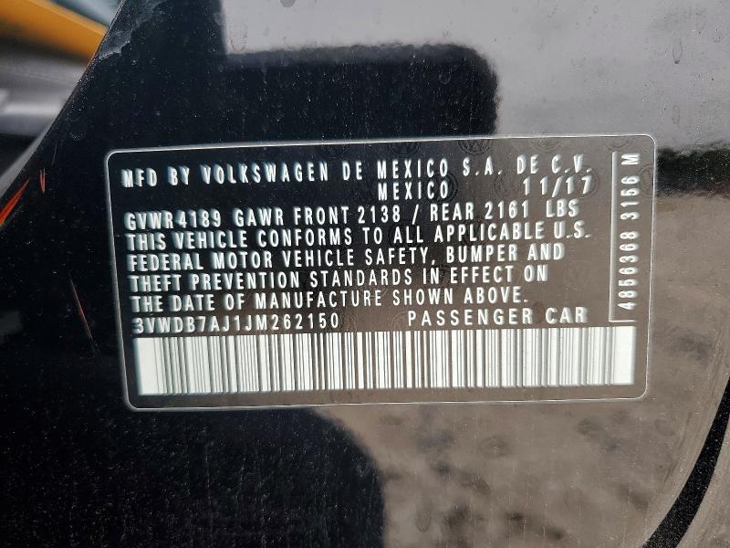 2018 Volkswagen Jetta მანქანა იყიდება აუქციონზე, vin: 3VWDB7AJ1JM262150, აუქციონის ნომერი: 52706766