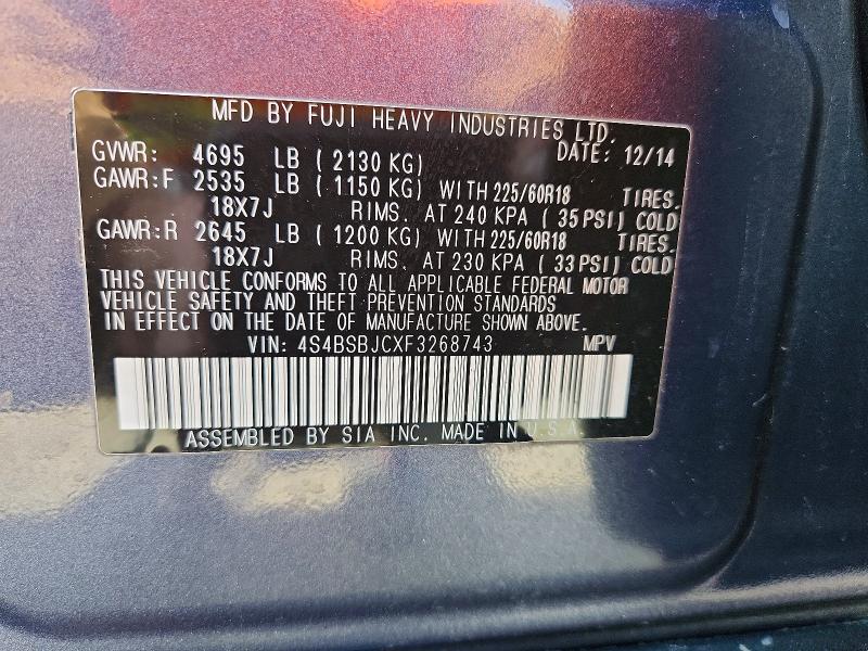 Продажа на аукционе авто 2015 Subaru Outback, vin: 4S4BSBJCXF3268743, номер лота: 51711526