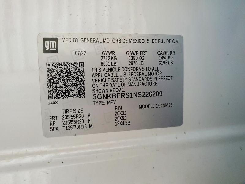 2022 Chevrolet Blazer მანქანა იყიდება აუქციონზე, vin: 3GNKBFRS1NS226209, აუქციონის ნომერი: 54144086