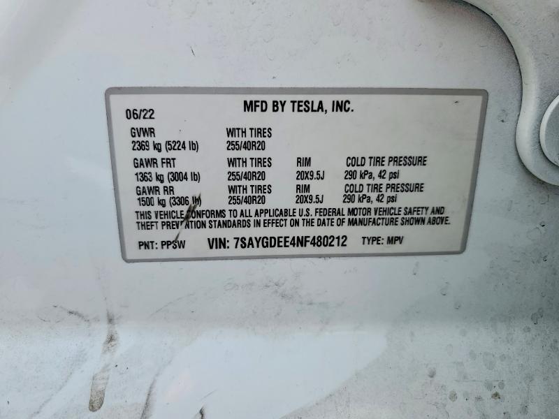 55054906 :رقم المزاد ، 7SAYGDEE4NF480212 vin ، 2022 Tesla Model Y مزاد بيع