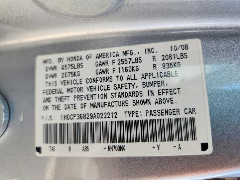 Aukcja sprzedaży 2009 Honda Accord, vin: 1HGCP36829A022212, numer aukcji: 51273406