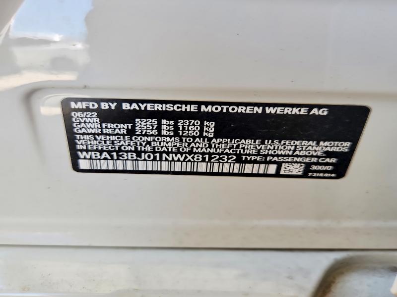 Aukcja sprzedaży 2022 Bmw 530, vin: WBA13BJ01NWX81232, numer aukcji: 53350046