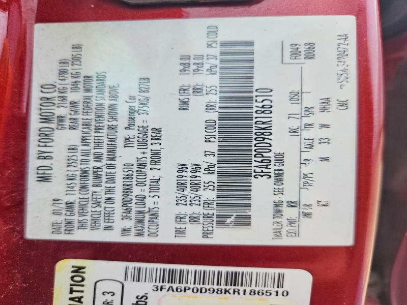 Продажа на аукционе авто 2019 Ford Fusion, vin: 3FA6P0D98KR186510, номер лота: 53826716