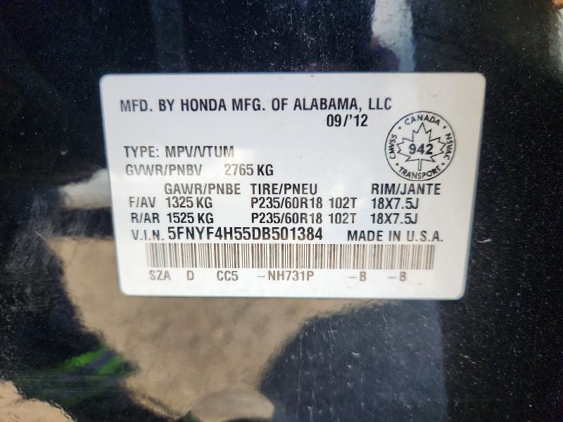 Продаж на аукціоні авто 2013 Honda Pilot, vin: 5FNYF4H55DB501384, номер лоту: 55109826