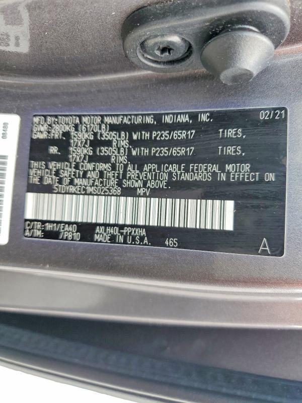 Продаж на аукціоні авто 2021 Toyota Sienna, vin: 5TDYRKEC1MS025368, номер лоту: 54879126