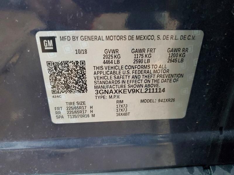 Aukcja sprzedaży 2019 Chevrolet Equinox, vin: 3GNAXKEV9KL211114, numer aukcji: 50887486