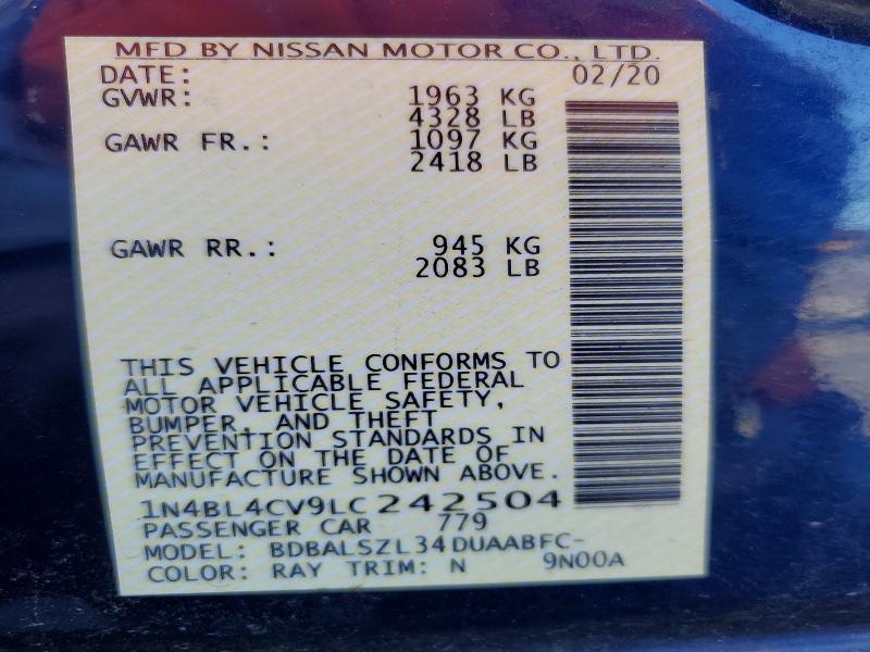 2020 Nissan Altima მანქანა იყიდება აუქციონზე, vin: 1N4BL4CV9LC242504, აუქციონის ნომერი: 52890836