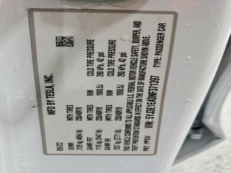 Aukcja sprzedaży 2022 Tesla Model 3, vin: 5YJ3E1EA0NF371397, numer aukcji: 54674576