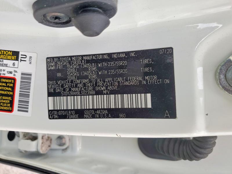 2020 Toyota Highlander მანქანა იყიდება აუქციონზე, vin: 5TDYZRAH9LS023988, აუქციონის ნომერი: 54476316