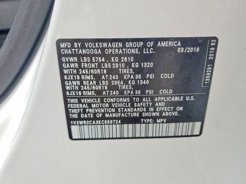 53012966 :رقم المزاد ، 1V2WR2CA3KC556724 vin ، 2019 Volkswagen Atlas مزاد بيع