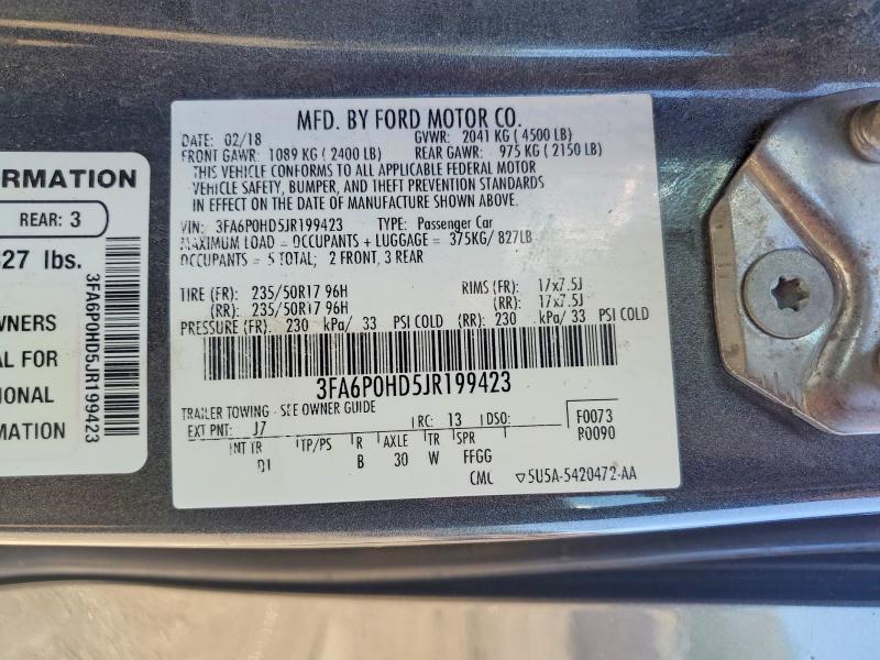 2018 Ford Fusion მანქანა იყიდება აუქციონზე, vin: 3FA6P0HD5JR199423, აუქციონის ნომერი: 51981266
