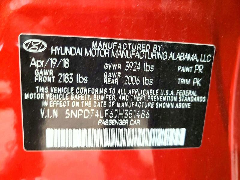 54617666 :رقم المزاد ، 5NPD74LF6JH351486 vin ، 2018 Hyundai Elantra مزاد بيع