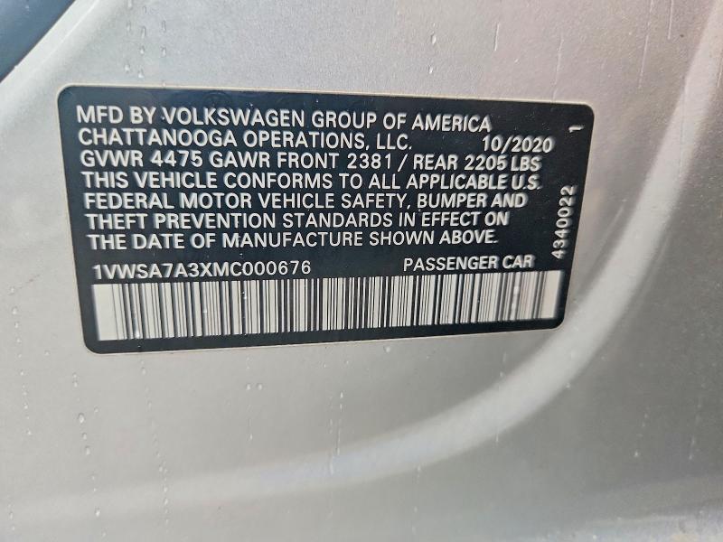 52434726 :رقم المزاد ، 1VWSA7A3XMC000676 vin ، 2021 Volkswagen Passat مزاد بيع