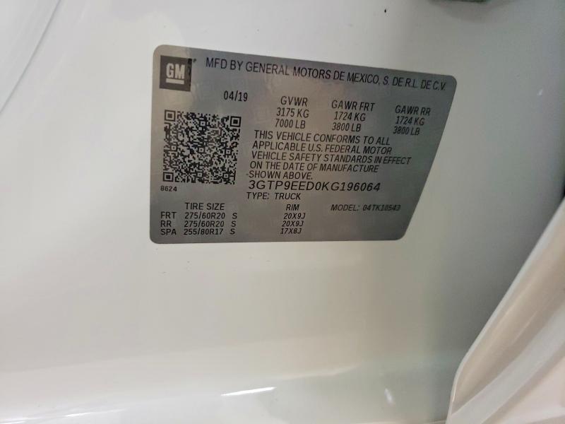 53562376 :رقم المزاد ، 3GTP9EED0KG196064 vin ، 2019 Gmc Sierra مزاد بيع