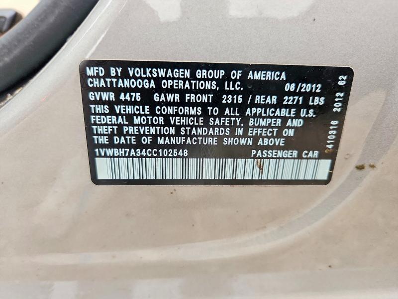 54310056 :رقم المزاد ، 1VWBH7A34CC102548 vin ، 2012 Volkswagen Passat مزاد بيع