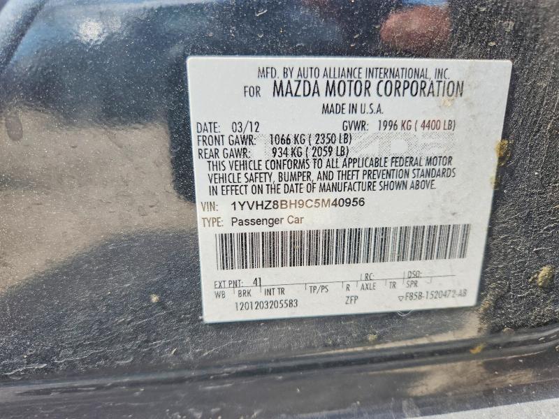 2012 Mazda 6 მანქანა იყიდება აუქციონზე, vin: 1YVHZ8BH9C5M40956, აუქციონის ნომერი: 54283406