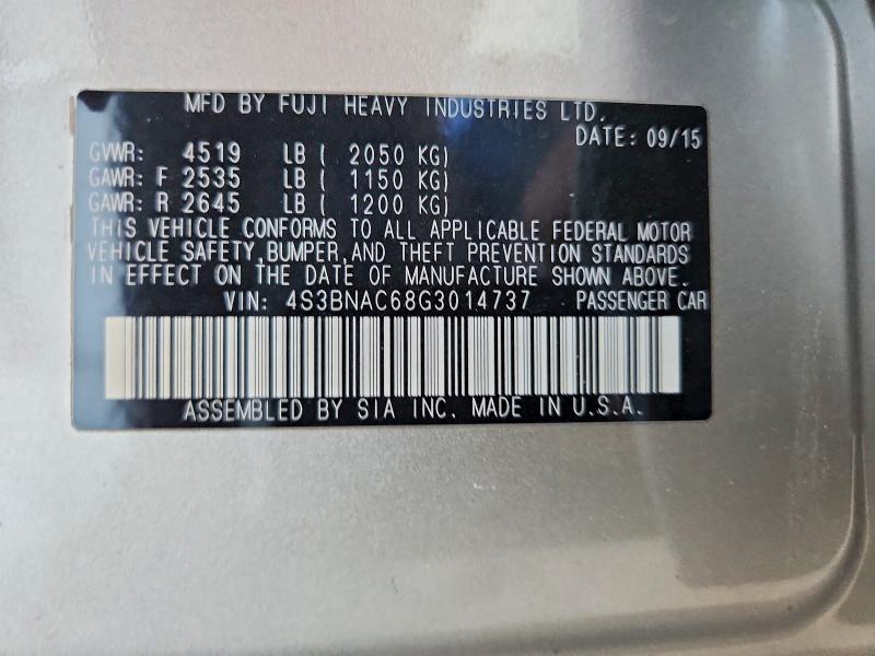 2016 Subaru Legacy მანქანა იყიდება აუქციონზე, vin: 4S3BNAC68G3014737, აუქციონის ნომერი: 51665356