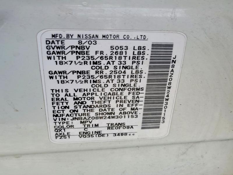 Aukcja sprzedaży 2004 Nissan Murano, vin: JN8AZ08W24W301153, numer aukcji: 50328886