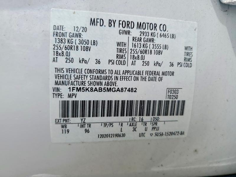 54071396 :رقم المزاد ، 1FM5K8AB5MGA87482 vin ، 2021 Ford Explorer مزاد بيع