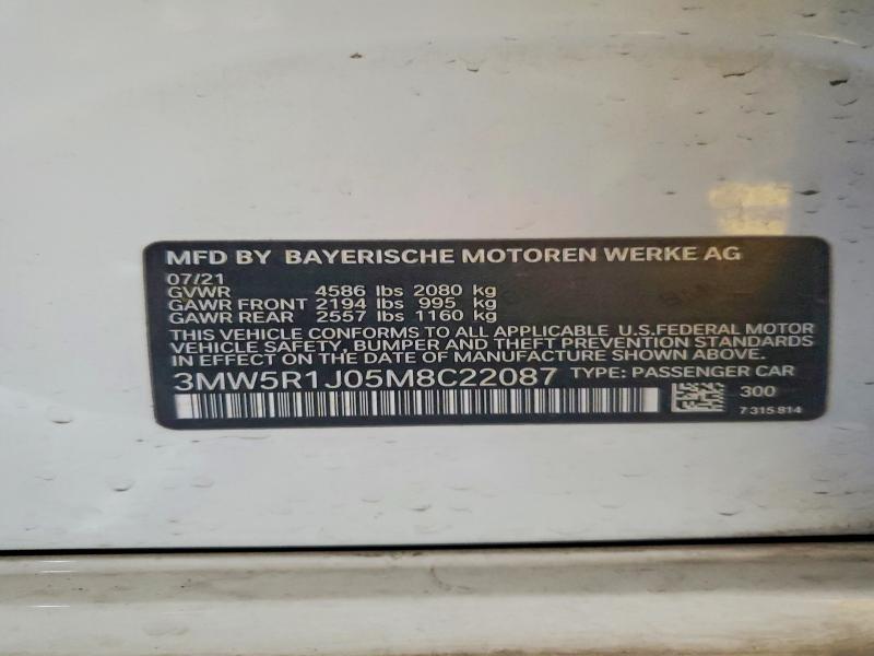 54830716 :رقم المزاد ، 3MW5R1J05M8C22087 vin ، 2021 Bmw 330i مزاد بيع