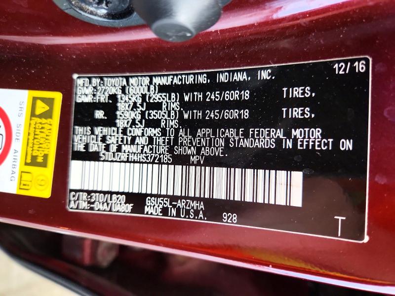 53020346 :رقم المزاد ، 5TDJZRFH4HS372185 vin ، 2017 Toyota Highlander مزاد بيع