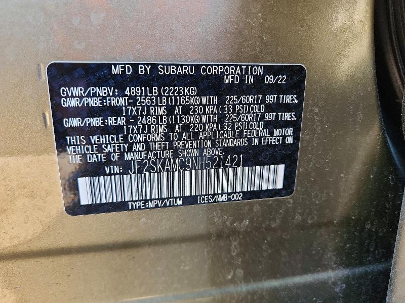 2022 Subaru Forester მანქანა იყიდება აუქციონზე, vin: JF2SKAMC9NH521421, აუქციონის ნომერი: 52624446