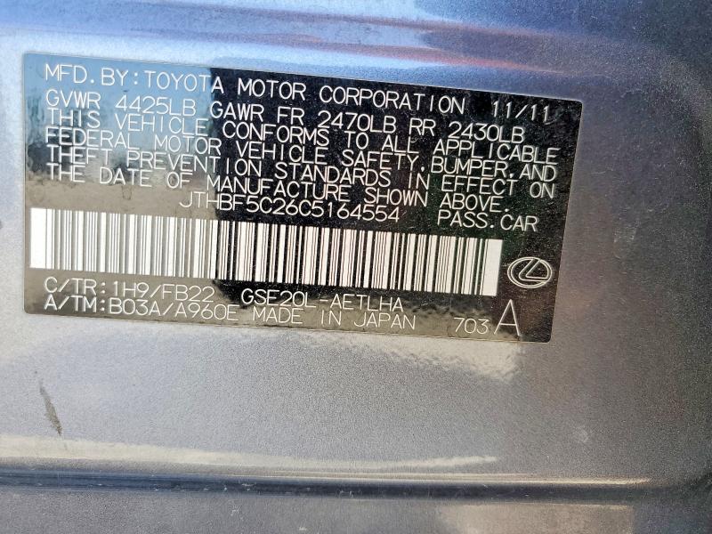 54176396 :رقم المزاد ، JTHBF5C26C5164554 vin ، 2012 Lexus Is مزاد بيع