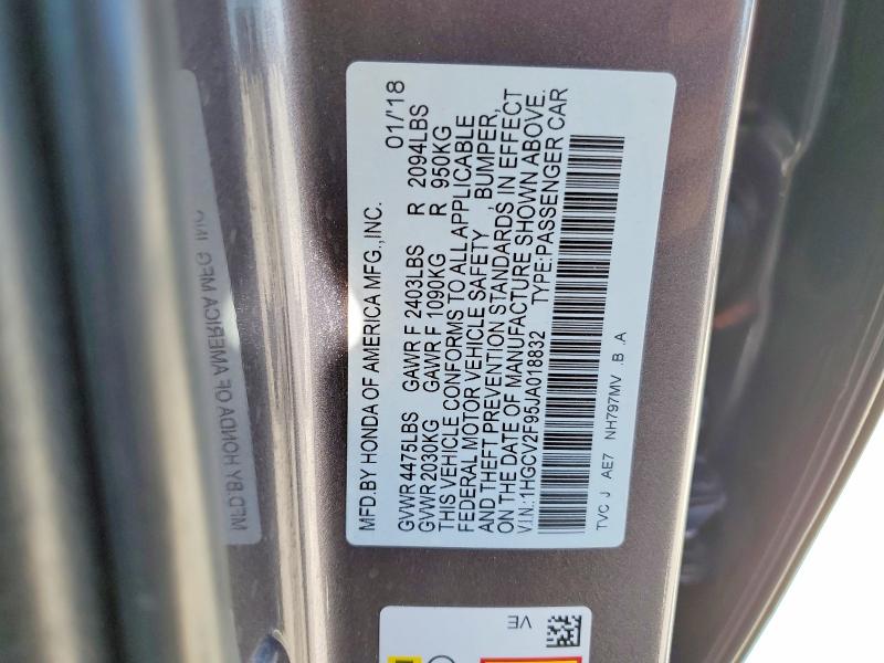 2018 Honda Accord მანქანა იყიდება აუქციონზე, vin: 1HGCV2F95JA018832, აუქციონის ნომერი: 52524006