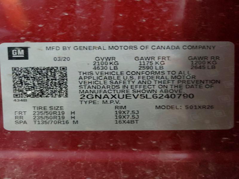 2020 Chevrolet Equinox მანქანა იყიდება აუქციონზე, vin: 2GNAXUEV5L6240790, აუქციონის ნომერი: 53921556