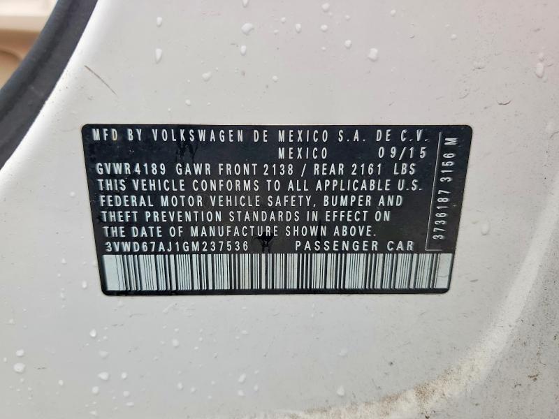 2016 Volkswagen Jetta მანქანა იყიდება აუქციონზე, vin: 3VWD67AJ1GM237536, აუქციონის ნომერი: 54691306